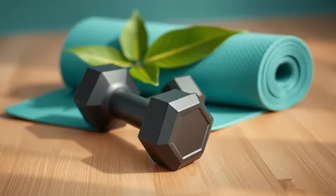 A black dumbbell in front of a rolled teal yoga mat