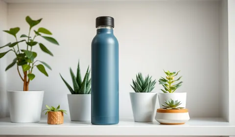 A slate blue water bottle between potted plants