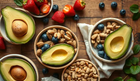 Overhead view of bowls with avocado, nuts and berries
