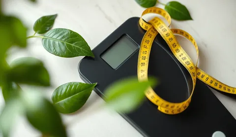 A black bathroom scale with a yellow measuring tape and leaves