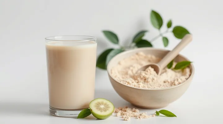 Glasses of protein shake and a scoop of protein powder