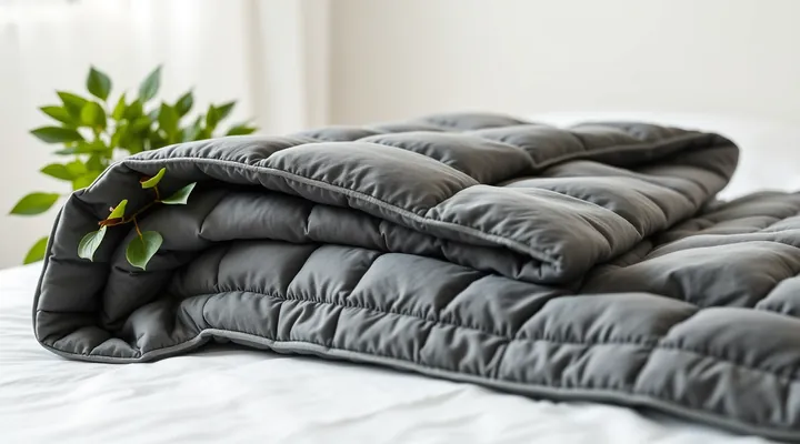 A grey quilted weighted blanket folded on a white bed