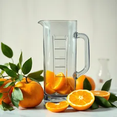 A blender jug with fruit beside it