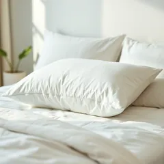 A plump white pillow on a bed