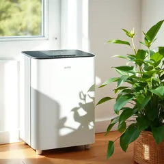 A white air purifier beside a plant