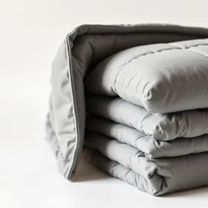 Illustrative image: a generic folded grey quilted weighted blanket