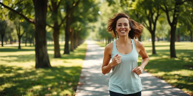 A smiling woman jogging on a sunny park trail