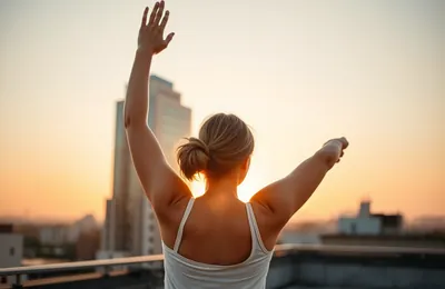 A woman stretching outdoors at sunrise