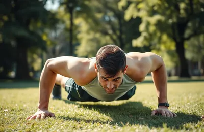 A man doing push-ups in a sunny park