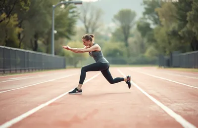 A woman doing a lunge stretch on an outdoor track