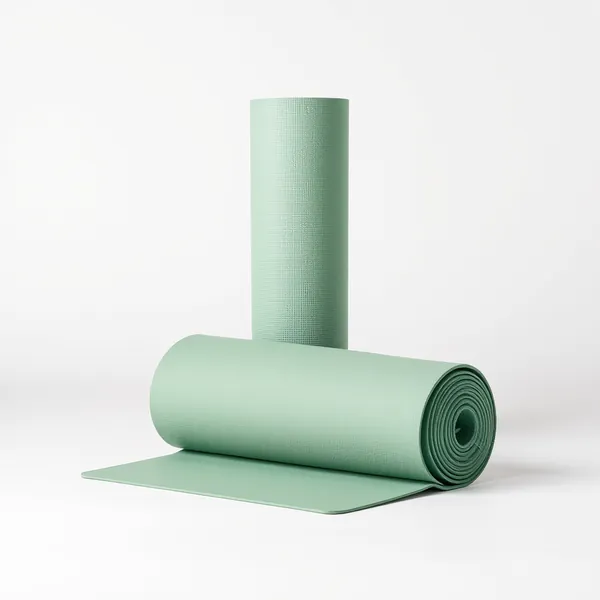 A rolled sage green yoga mat