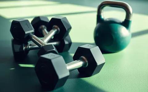 Dumbbells and a kettlebell on a gym floor