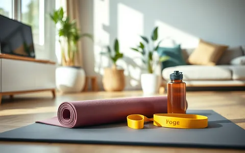 A yoga mat with resistance bands in a bright living room