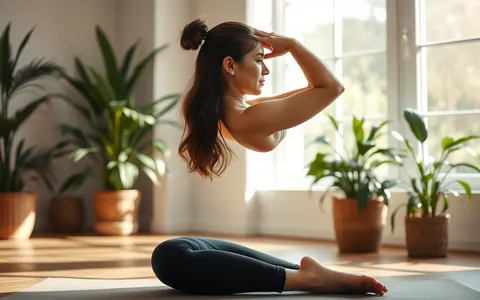 A woman doing a yoga stretch in a sunlit studio