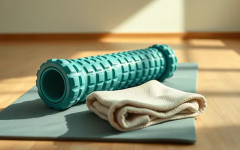 A foam roller and towel on an exercise mat