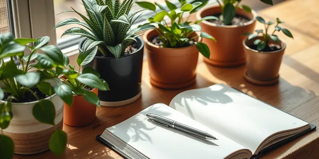 An open journal next to potted plants on a sunny table