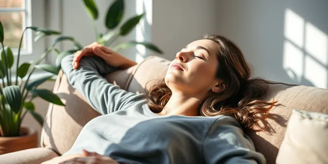 A relaxed woman resting on a sofa in a sunlit room