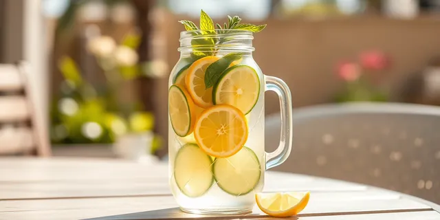 A jar of lemon and cucumber water in the sunshine