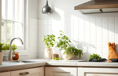 A bright kitchen with plants on the windowsill