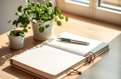 A notebook and a plant on a sunny desk