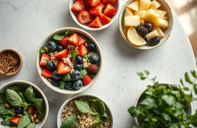 Bowls of salad, fruit and grains seen from above