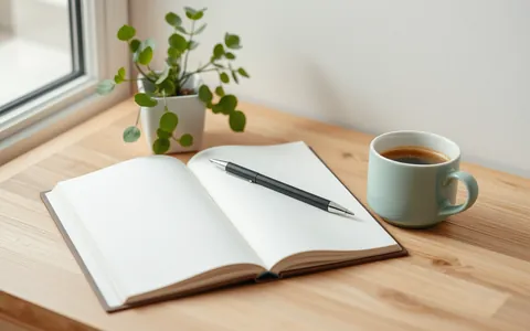 An open notebook, pen and coffee cup on a desk