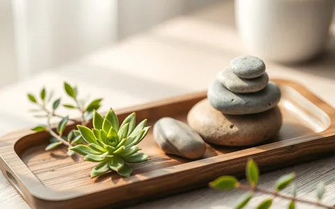 Zen stones and a small succulent on a wooden tray