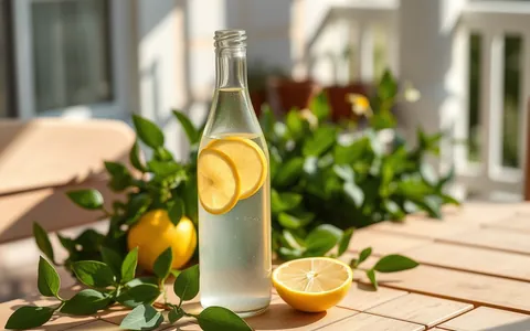 A glass water bottle with lemon slices