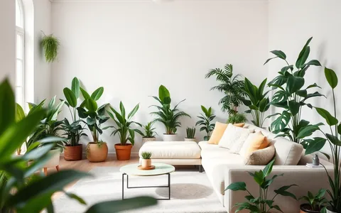 A bright living room filled with houseplants