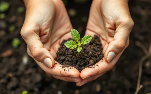 Hands holding a small seedling in soil