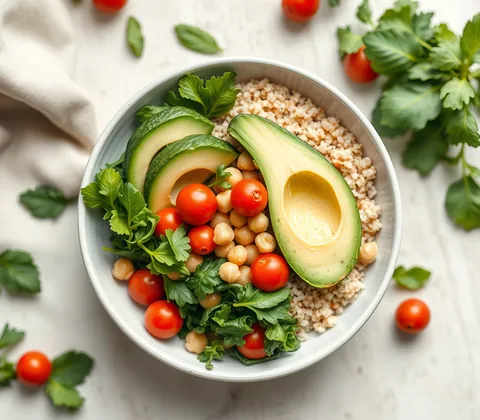 A colourful healthy bowl with avocado and vegetables