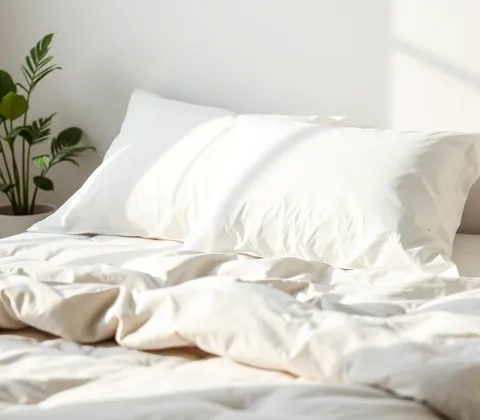 Soft white pillows and bedding on a bed