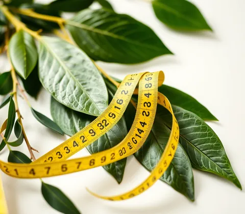 A measuring tape beside fresh green leaves