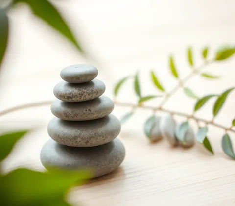 Stacked zen stones beside a green plant