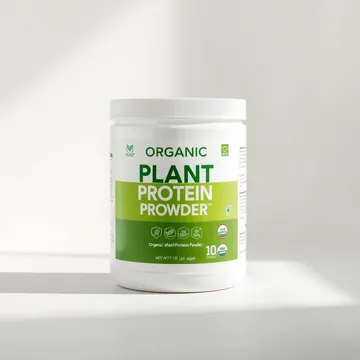 A tub of organic plant protein powder