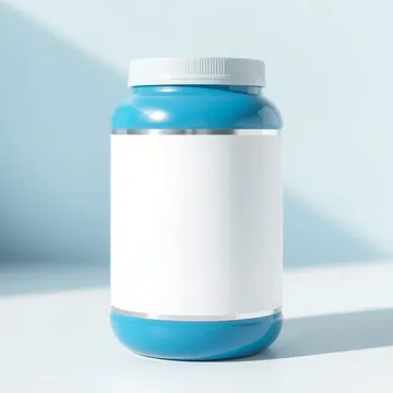 A blue protein powder tub with a blank label