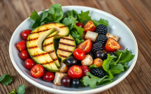 A vibrant healthy meal bowl with vegetables and berries