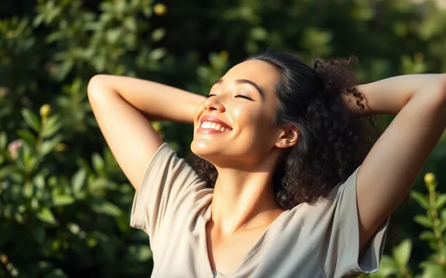 A relaxed woman enjoying the sunshine in a garden