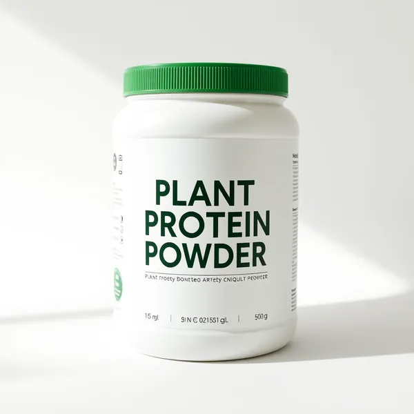 A tub of plant-based protein powder
