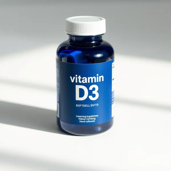A bottle of vitamin D3 softgels