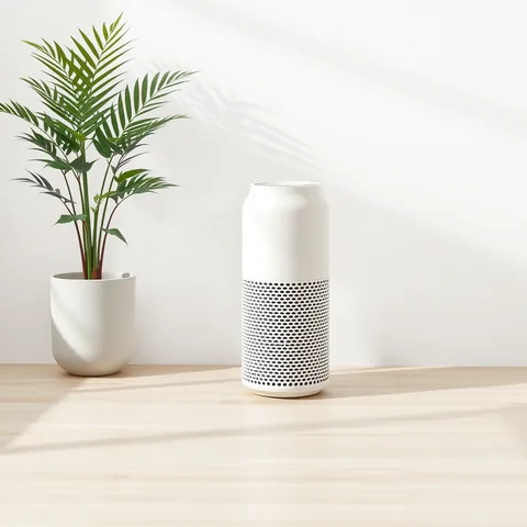 A compact white air purifier next to a plant