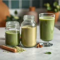 Two glass jars of green superfood powder beside a green smoothie