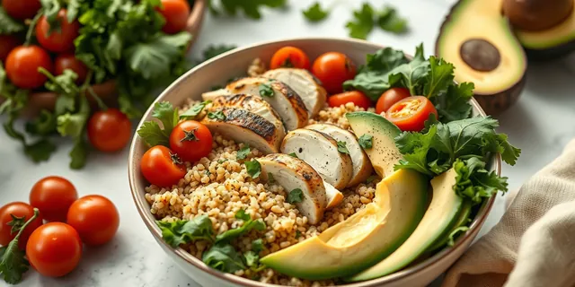 A balanced bowl of grilled chicken, quinoa, tomatoes and avocado