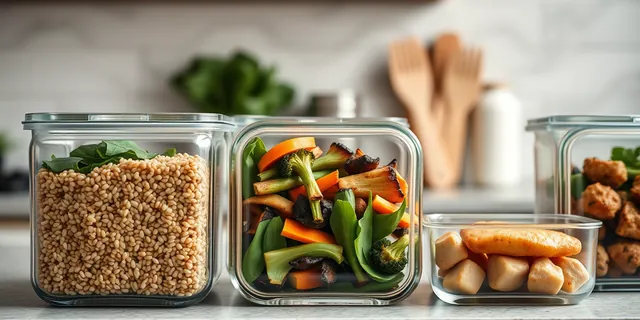 Glass meal prep containers filled with grains and vegetables