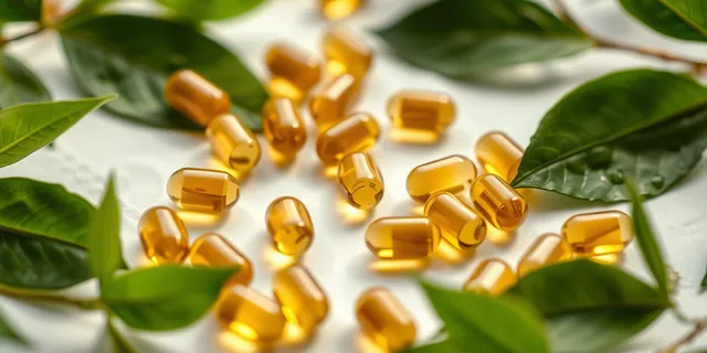 Golden softgel capsules with fresh green leaves