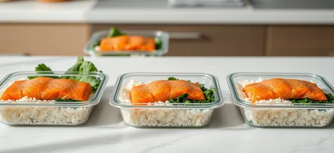 Meal prep boxes with salmon, rice and greens