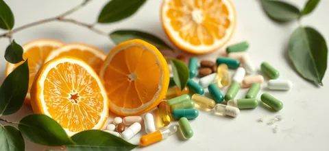 Assorted vitamin capsules beside orange slices