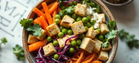A vibrant plant-based bowl with tofu and vegetables