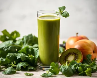 A green smoothie surrounded by fresh fruit and spinach