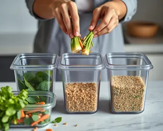 Hands filling meal prep containers with vegetables